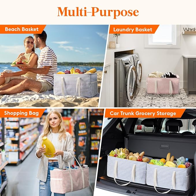 Lifewit Extra Large Tote Bag, Reusable Grocery Bags with Metal Wire Frame and Handles, Standing Utility Foldable Shopping Bags for Storage, Picnics, Beach, Pool, Laundry, Car 2 Packs 46L Blue and Pink