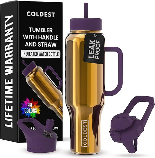 Coldest Tumbler with Handle and Straw, 100% Spill Proof Tumbler with Straw (3 Lids), Stainless Steel Insulated Leakproof Tumblers for Women & Men, Cup Holder Friendly, 46 oz (Mango Reflections)
