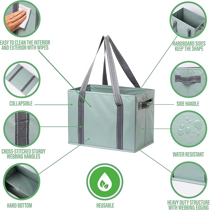VENO 2 Pack 8 Gallon Reusable Grocery Bags, Shopping Bags for groceries, Extra Large Utility Tote with Handles and Hard Bottom, Foldable Cart Organizer, Water Resistant, Heavy-Duty (Light Green)