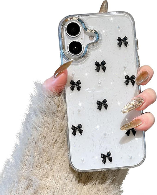 EYZUTAK Case for iPhone 16 Plus, Bling Glitter 3D Bowknot Phone Case Cute Sparkly Crystal Clear Bow Aesthetic Design Case Slim Soft Durable TPU Transparent Protective Cover for Women Girl - Black Bow