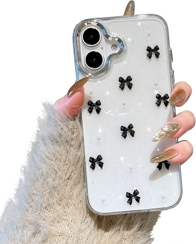 EYZUTAK Case for iPhone 16, Bling Glitter 3D Bowknot Phone Case Cute Sparkly Crystal Clear Bow Aesthetic Design Case Slim Soft Durable TPU Transparent Protective Cover for Women Girl - Black Bow