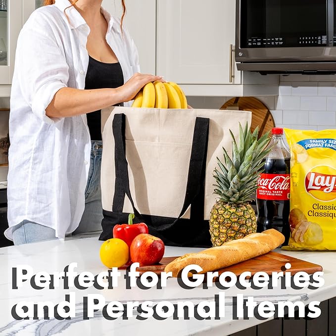 Carrywell |Not Made in China| 6 Pack Cotton Tote Bags, Reusable Grocery Shopping Bag with Zipper Closure and Front Pocket, Heavy Duty Organic Cloth w/Handles