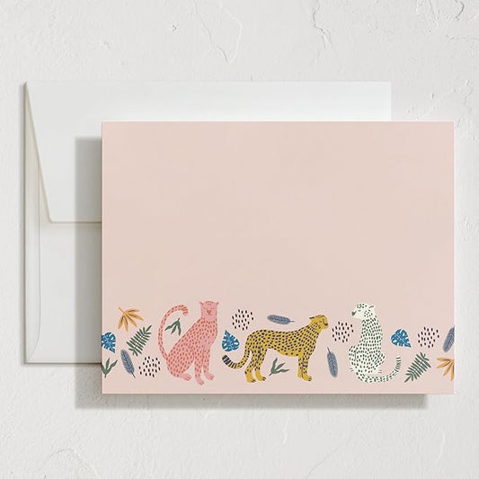 Minted Sweet Tropical Stationery Set, Set of 10, Flat Note Cards & Envelopes for Invitiations and Handwritten Thank You Messages, Jungle Cats & Foliage Design, Gifts for Teachers, Luxurious Paper