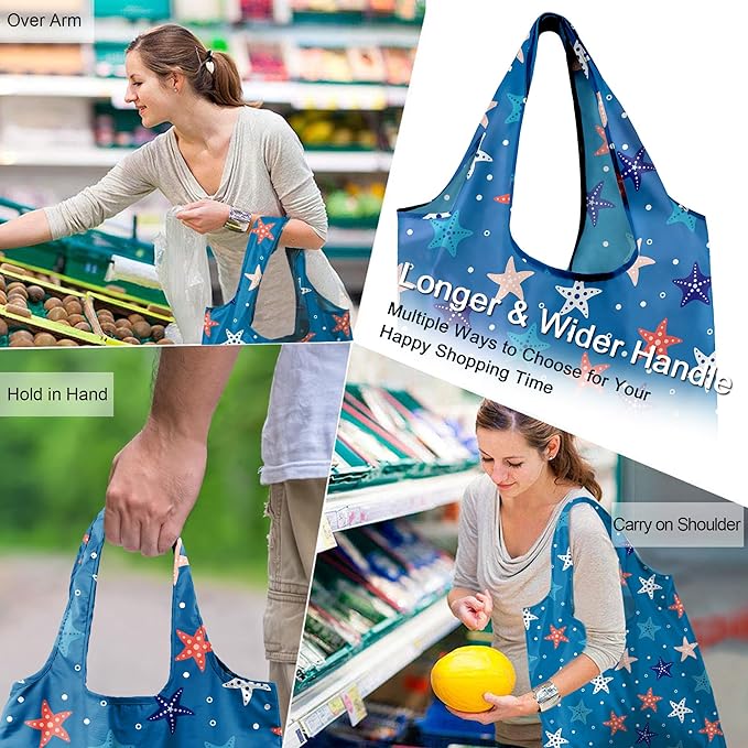 BeeGreen Reusable Grocery Bags with Zipper Storage Pouch 6 Pack Ocean Pattern Reusable Shopping Bags Bulk with Elastic Band Foldable-Machine Washable Christmas Gifts Tote Bags