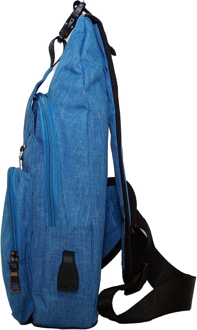 Anti-Theft Daypack Crossbody Sling Backpack, USB Charging Connector Port, Lightweight Day Pack for Travel, Hiking, Everyday, Regular, Light Blue