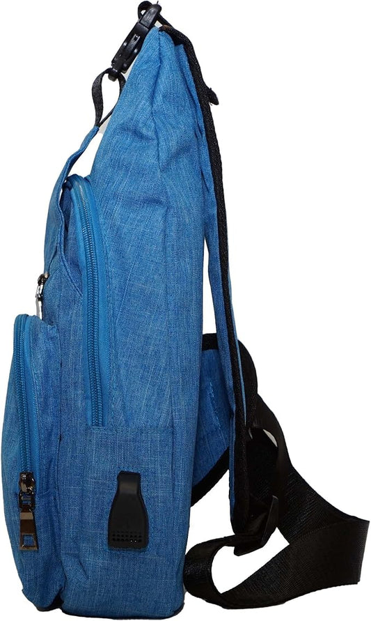 Anti-Theft Daypack Crossbody Sling Backpack, USB Charging Connector Port, Lightweight Day Pack for Travel, Hiking, Everyday, Regular, Light Blue