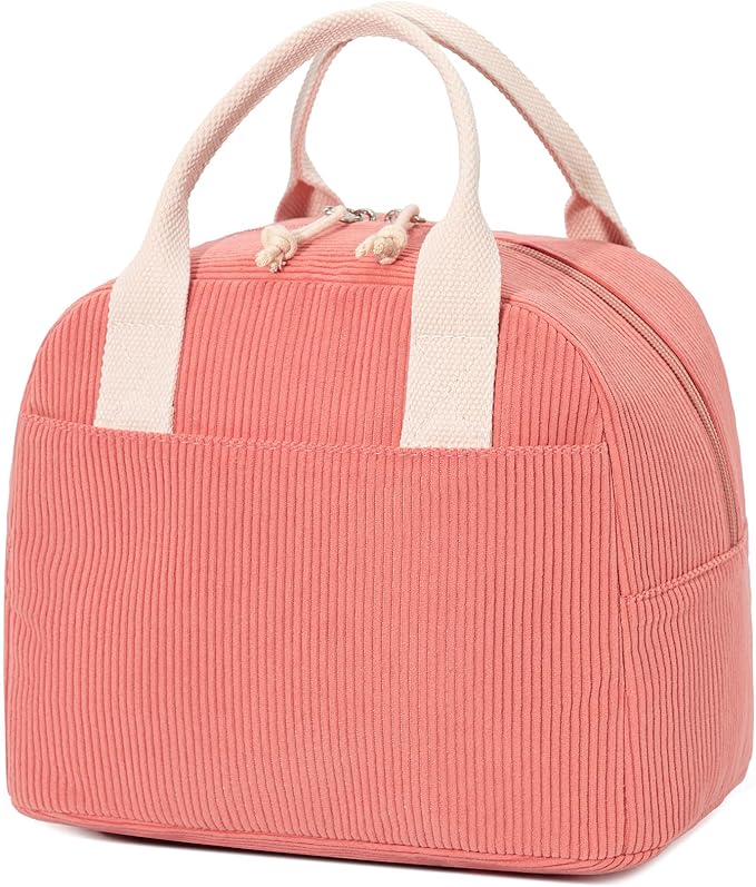 Insulated Lunch Bag for Women Men, Stylish Corduroy Tote Bag with Aluminum Lining, Large Capacity Reusable Cooler for Work, Travel, or Beach, Coral Pink Lunch Box