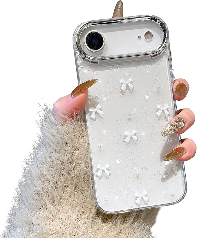 EYZUTAK Case for iPhone Air, Bling Glitter 3D Bowknot Phone Case Cute Sparkly Crystal Clear Bow Aesthetic Design Cover Slim Soft Durable TPU Transparent Protective Cover for Women Girl - White Bow