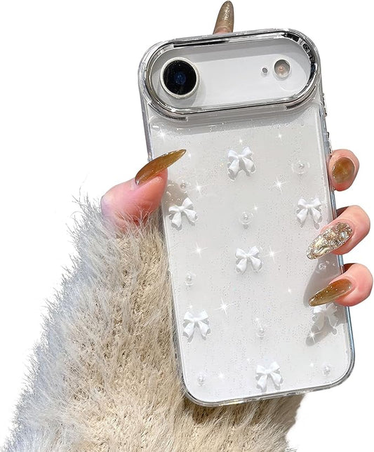 EYZUTAK Case for iPhone Air, Bling Glitter 3D Bowknot Phone Case Cute Sparkly Crystal Clear Bow Aesthetic Design Cover Slim Soft Durable TPU Transparent Protective Cover for Women Girl - White Bow