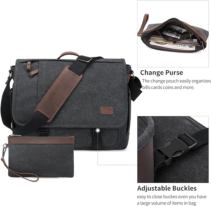 Nerlion Messenger Bag for Men 17-17.3 Inch Laptop Bag Canvas Water-resistant Computer Bag Shoulder Bag Work Briefcase Bookbag for College (Dark Gray)
