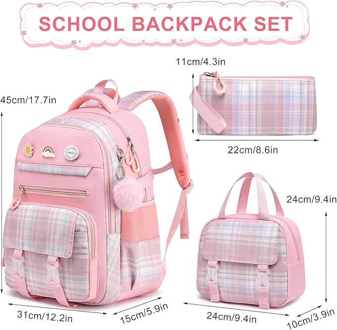 MOMUVO Girls Backpack with Lunch Box, Kids Backpack with Lunch Box, School Bags for Girls Kindergarten Elementary Preschool Middle School