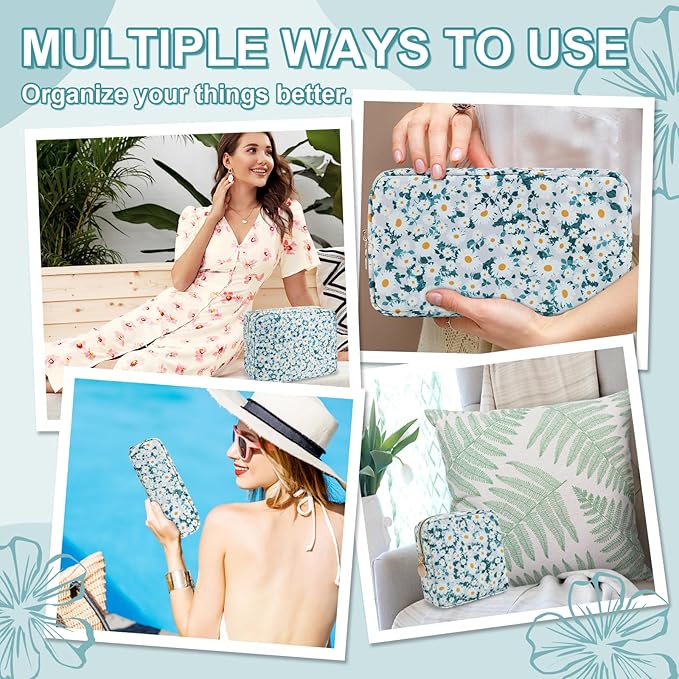 Waterproof Small Floral Pencil Case Makeup Bag for Purse,Cute Flower Pencil Pouch Preppy Nylon Makeup Brush Holder with Zipper,Girls Portable Storage Case for Work(Slim Green-Daisy)