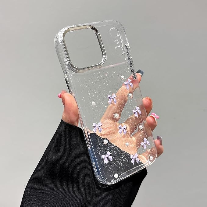 EYZUTAK Case for iPhone 17 Pro Max, Bling Glitter 3D Bowknot Phone Case Cute Sparkly Crystal Clear Bow Aesthetic Cover Slim Soft Durable TPU Transparent Protective Cover for Women Girl-Purple Bow