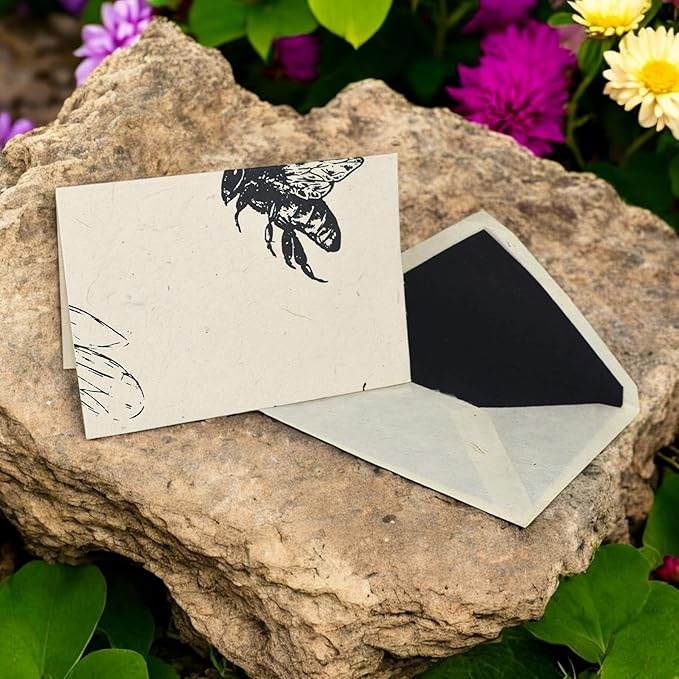 Kathmandu Valley Co. Nepali Cherish Greeting Card & Envelope Box Set with Handmade Lokta Paper from Nepal, 15 Cards (Bees)