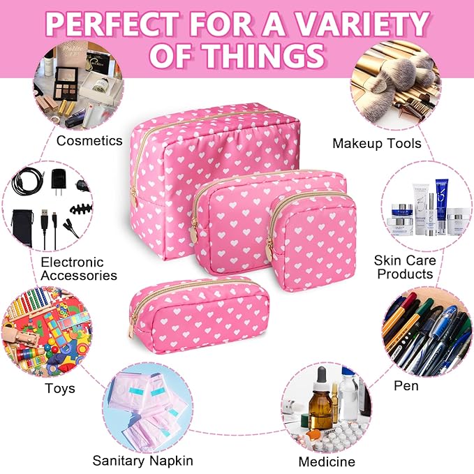 Small Pencil Case Makeup Bag for Purse, Cute Pencil Pouch Preppy Nylon Makeup Brush Bag with Zipper , Girls Portable Stationery Storage Case Small Pen Bag for Office School College(Slim-Pink Heart)