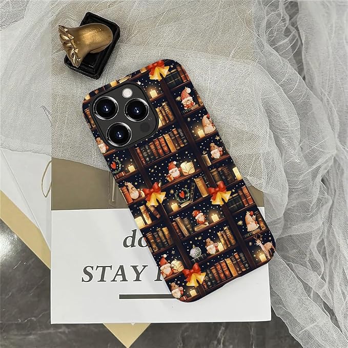 DAIZAG Case Compatible with for iPhone 15 Pro Max,Christmas Santa Claus Bookshelf Bells Phone Case for iPhone 15 Pro Max for Girl Women Boy Men