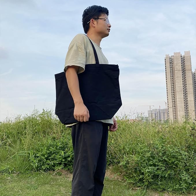 Koolmox 6Pack 22x16x7.8'' 12Oz Heavy Duty Canvas Tote Bag with Zipper, Reinforced Handles Wide Bottom, Large Canvas Bag, Extra Big Grocery Shopping Beach Reusable Totes Bags Vacation Bags Plain Black