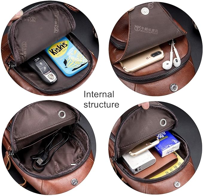 BULLCAPTAIN Leather Men Sling Bags Travel Crossbody Chest Bag Hiking Daypack with USB Charging Port Multi-Pocket