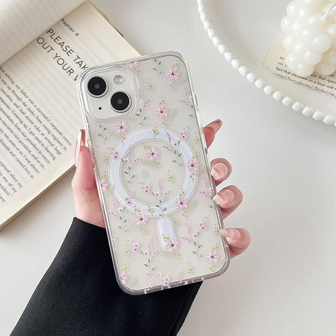 ZTOFERA for iPhone 13/14 Magnetic Case Compatible with Magsafe,Aesthetic Floral Pattern Design Cute for Girl Women,Anti-Drop Protective Hard Phone Cover for iPhone 13/14-Pink Flower