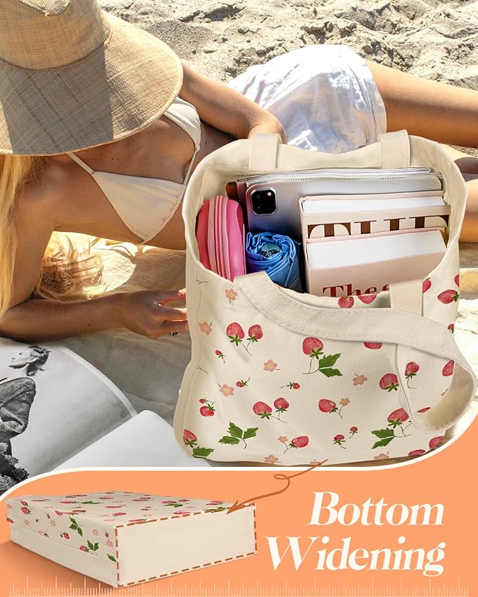 2 Pack Canvas Tote Bag - with Makeup Pouch Aesthetic Cute Women Reusable Canvas Bag for Shopping, Work, Travel