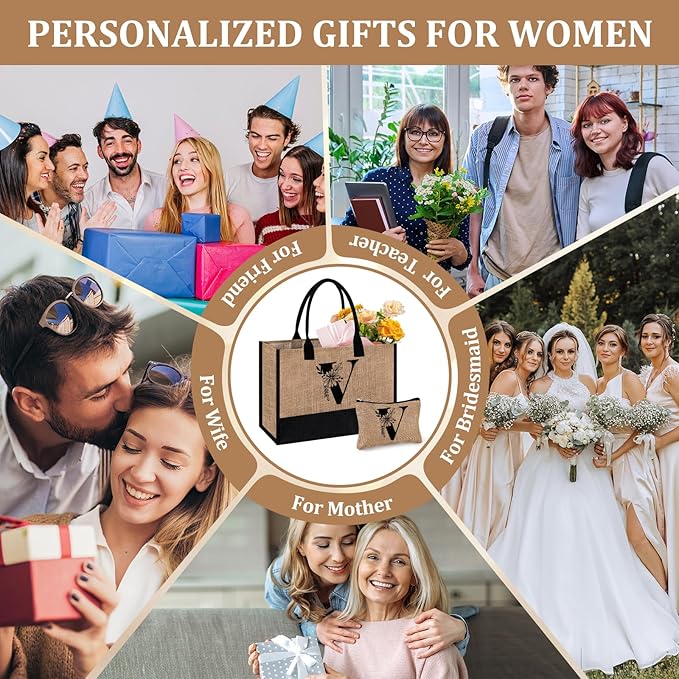 AYGE Personalized Initial Jute Tote Bag & Makeup Bag, Beach Bag, Monogrammed Birthday Gifts for Women Sister Mom Bridesmaid