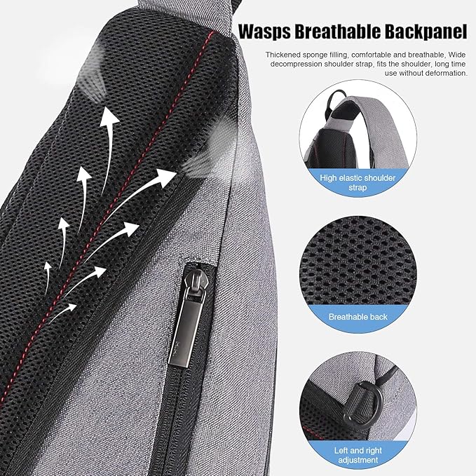 mixi Sling Bag Men Backpack Unisex One Shoulder Bag Hiking Travel Backpack Crossbody with USB Port for Men Women Versatile Casual Daypack-20 inch,Gery