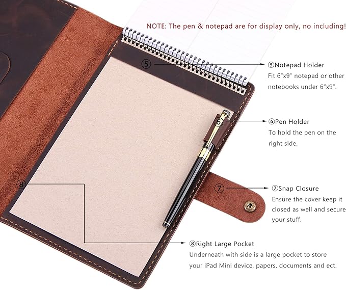 Robrasim Leather Cover for 6"x9" Steno Notebook, Leather Folio Cover Compatible with 6x9 Spiral Steno Pads, A5 Notebook Organizer with Pen Loop - Coffee