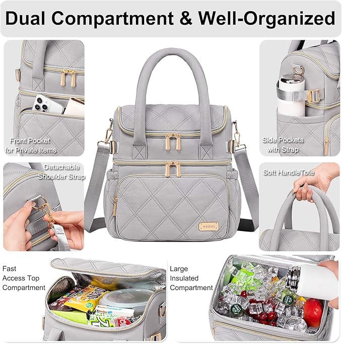 Weitars Lunch Bag for Women Men,Double Deck Lunch Box for Women,Quilted Lunch Tote for Work,Insulated Lunch Cooler Leakproof Lunchbox for Adult with Shoulder Strap &Pockets for Picnic Hiking (Gray)