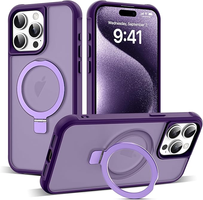Compatible with iPhone 15 Pro Max Case with Invisible Magnetic O-Ring Stand Military-Grade Translucent Case for iPhone 15 ProMax 6.7" [Compatible with Mag-Safe][Great Grip Feeling], Purple