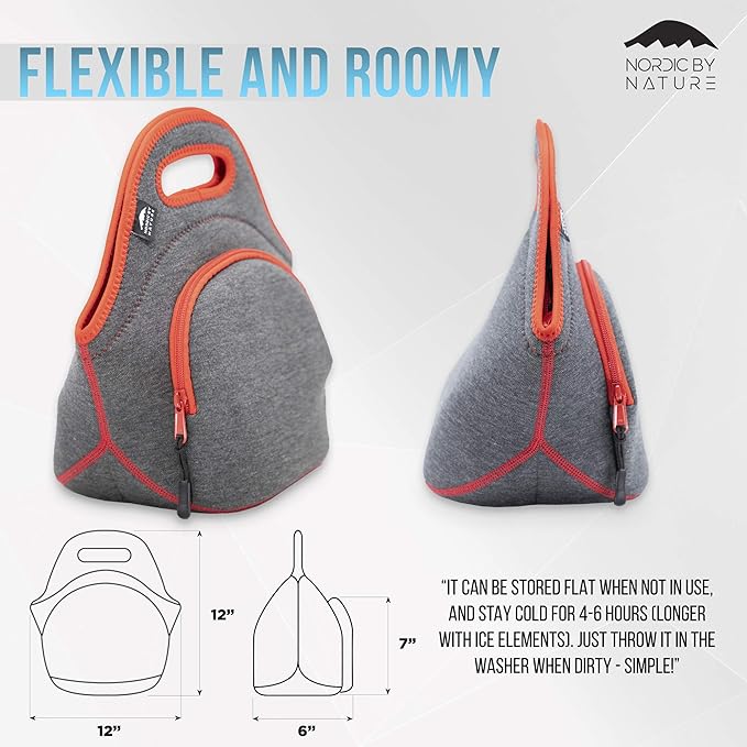 Nordic By Nature Insulated Neoprene Lunch Bag, Soft & Foldable Washable & Reusable Extra-Pocket (M) Dark Grey/Red