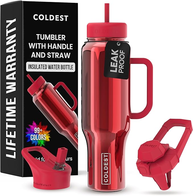 Coldest Tumbler with Handle and Straw, 100% Spill Proof Tumbler with Straw (3 Lids), Stainless Steel Insulated Leakproof Tumblers for Women Men, Cup Holder Friendly, 46 oz (Raspberry Reflections)