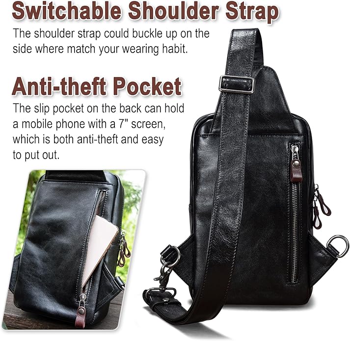 Genuine Leather Sling Bag for Men and Women Crossbody Shoulder Bag Side Sling Backpack Chest Purse Cross Body Casual Daypack