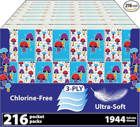 Funwares White Facial Travel Tissue Packs, Non-Bleach, Chlorine-Free, Compact Pocket Tissues for Car, Purse, School, Work, On-the-Go Tissue Packs, Mushroom Design, 216 Pack, 1944 Tissues, 3-Ply Sheets