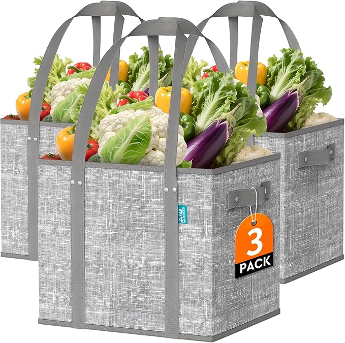 Fab totes Reusable Grocery Bags, Large Foldable Shopping Tote Bags with Reinforced Handles & Hard Bottom,Water Resistant Grocery Bags for kitchen,Picnic,3 Pack,Grey