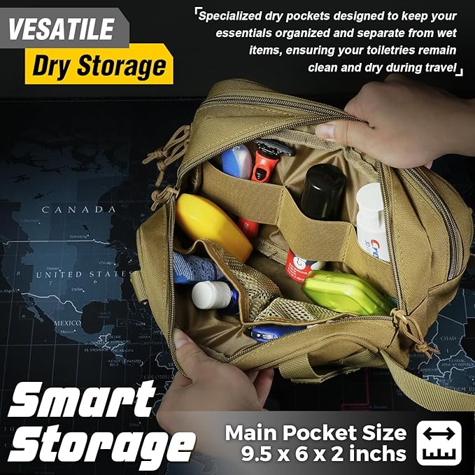 DBTAC Tactical Toiletry Bag for Men | Dry Wet Separate Hygiene Bag Compact Dopp Kit Mens Shaving Kit Travel shower Bag (Tan)