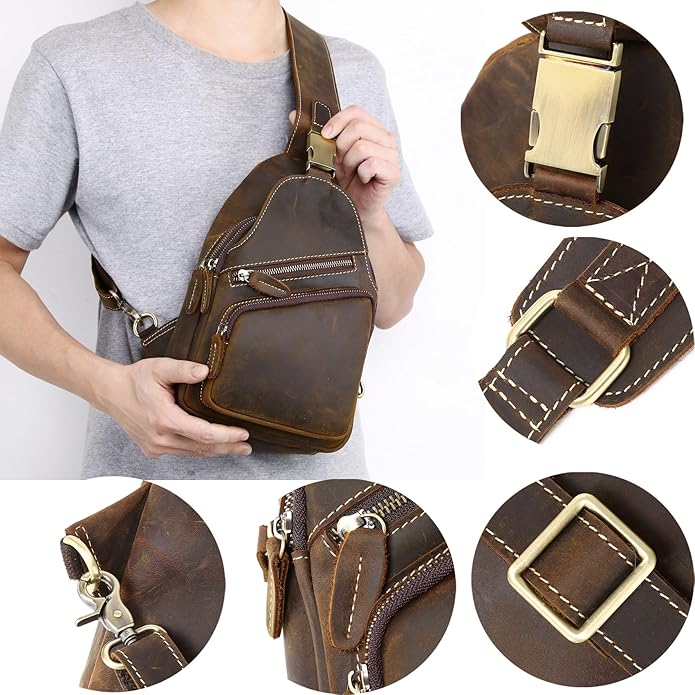 Genuine Leather Sling Bag for Men Women Backpack Chest Shoulder Satchel Crossbody Bags Casual Outdoor Daypack