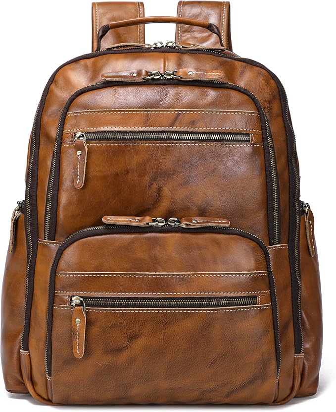 Vintage Full Grain Leather Backpack For Men, 17.3'' Laptop Bag Causal Rucksack Shoulder Bag Overnight For Business/Travel/Camping