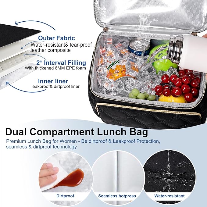 Weitars Lunch Bag for Women Men,Double Deck Lunch Box for Women,Quilted Lunch Tote for Work,Insulated Lunch Cooler Leakproof Lunchbox for Adult with Shoulder Strap &Pockets for Picnic Hiking (Black)