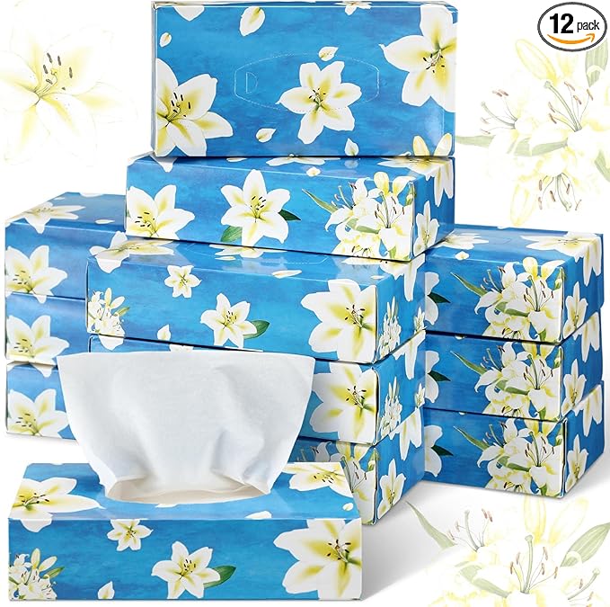 Yinder 12 Packs Facial Tissue Box 1560 Sheets Soft Facial Tissue Box for Fall Halloween Christmas 2 Ply 130 Sheets Disposable Travel Tissues Bulk for Car Household Kitchen(Beautiful Lily)