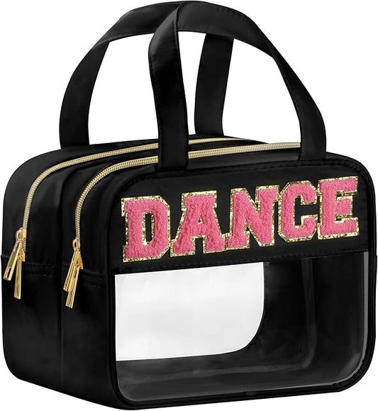 Dance Chenille Letter Bags Clear Makeup Bag for Travel, Dance Gift Cosmetic Pouch with Handles and Zipper, Nylon & PVC Waterproof Large Dance Accessories Toiletry Purse Storage Bag for Women