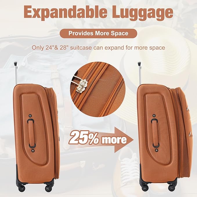 Merax Softside Luggage Set Softshell Lightweight 3 Piece Spinner Suitcase 22" 26" 30" Orange