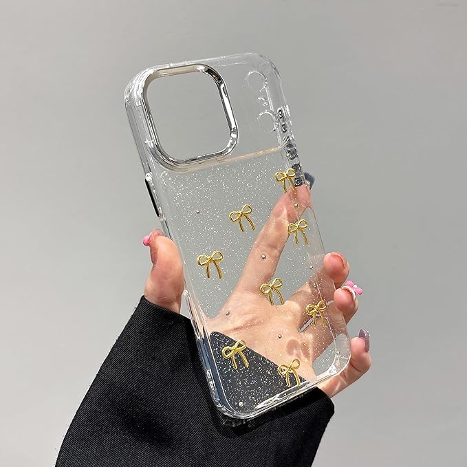 EYZUTAK Case for iPhone 17 Pro Max, Bling Glitter 3D Bowknot Phone Case Cute Sparkly Crystal Clear Bow Aesthetic Design Cover Slim Soft Durable TPU Transparent Protective Cover for Women Girl-Gold Bow