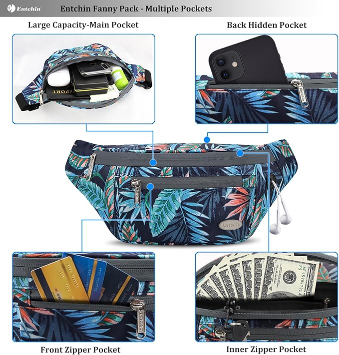 Entchin Fanny Pack for Women Men,Crossbody Belt Bag with 4-Zipper Pockets,Adjustable Waist Bag Pack,One of the Most Popular Travel Essential Gifts for Walking,Traveling,Cycling