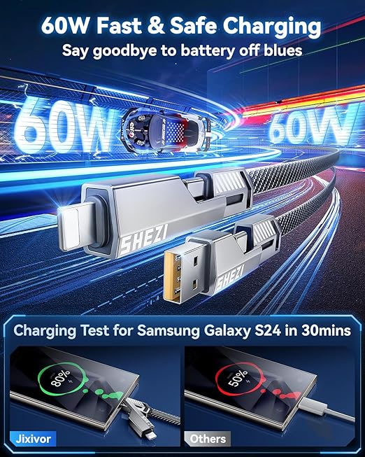 [One is Enough] 4-in-1 Compatible with USB C to Lightning Cable, 60W High-Speed Charging & Fast Data Transfer,CarPlay & Android Auto Support Multi Charger Cord Combo for iPhone/Samsung/iPad,3FT