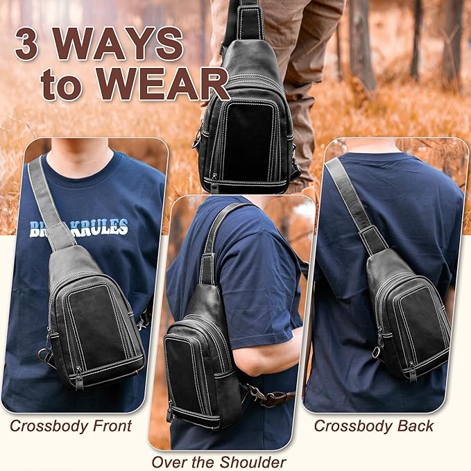 Genuine Leather Sling Bag for Men and Women Crossbody Shoulder Bag Sling Backpack Chest Purse Cross Body Pouch