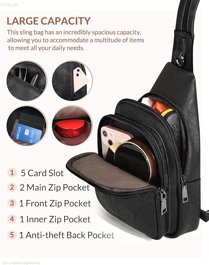 Sling Bag for Women, Crossbody Bags for Women Trendy Crossbody Purse Vegan Leather Sling Backpack Chest Bag with Dual Purpose Strap, Pure Black