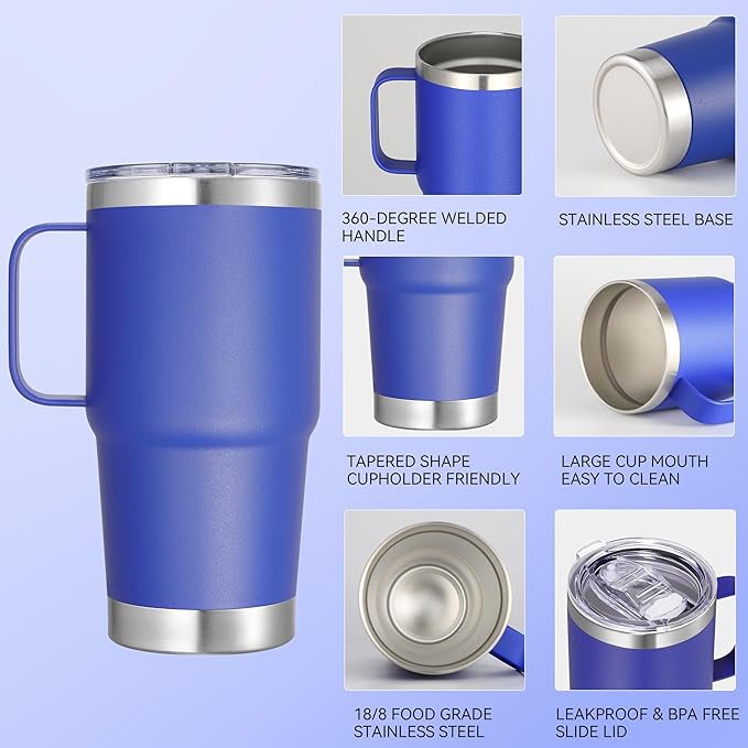 20 oz Stainless Steel Tumbler with Handle Metal Insulated Coffee Travel Mug with Handle Double Wall Tumbler Cup with Lid and Straw, Blue 1 Pack
