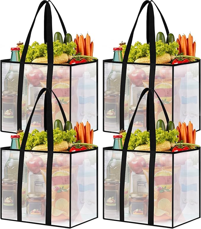 4 Pack Reusable Grocery Bags, Heavy-Duty Shopping Bags with Sturdy Handles, Water-Resistant & Foldable Organizer, Shopping Bags for Groceries, Market, Car Trunk, Multi-Purpose, 33L
