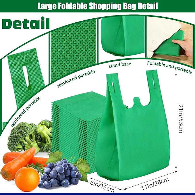 Windyun Large Grocery T-shirt Bags Bulk Reusable Non Woven Shopping Bag Foldable Gift Tote with Handle, 21x11x6 Inch