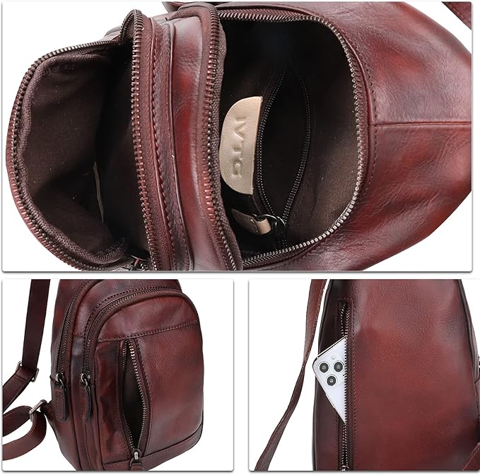 IVTG Genuine Leather Sling Bag Chest Shoulder Pack Crossbody Casual Daypack Vintage Handmade Hiking Backpack Motorcycle Bag (Coffee)